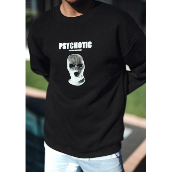 Biçomi Kışlık Bisiklet Yaka Baskılı SweatShirt - Siyah