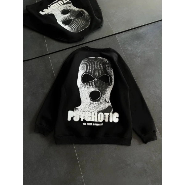Biçomi Kışlık Bisiklet Yaka Baskılı SweatShirt - Siyah