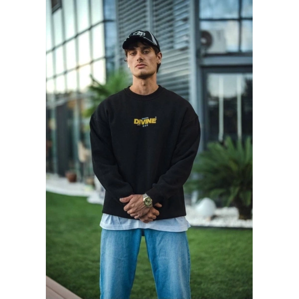 Biçomi Kışlık Bisiklet Yaka Baskılı SweatShirt - Siyah