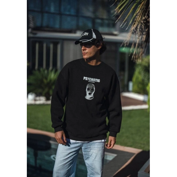 Biçomi Kışlık Bisiklet Yaka Baskılı SweatShirt - Siyah