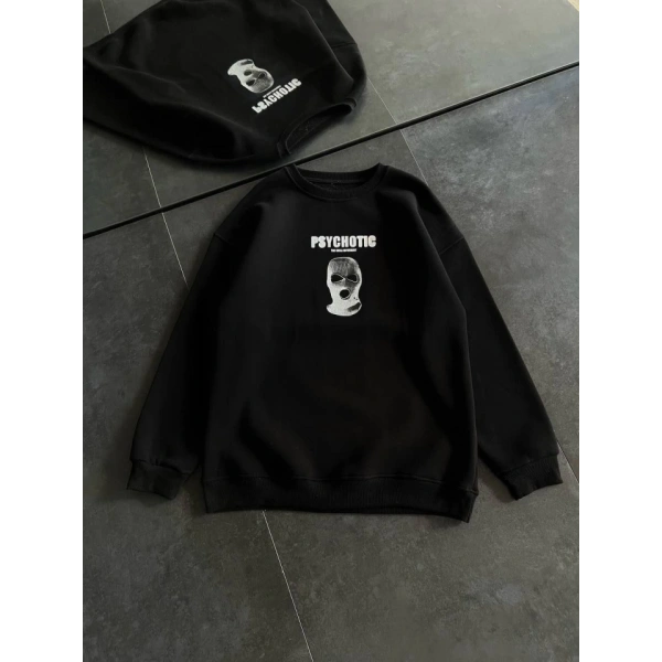 Biçomi Kışlık Bisiklet Yaka Baskılı SweatShirt - Siyah