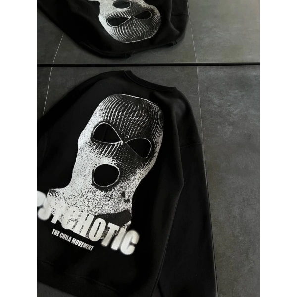 Biçomi Kışlık Bisiklet Yaka Baskılı SweatShirt - Siyah