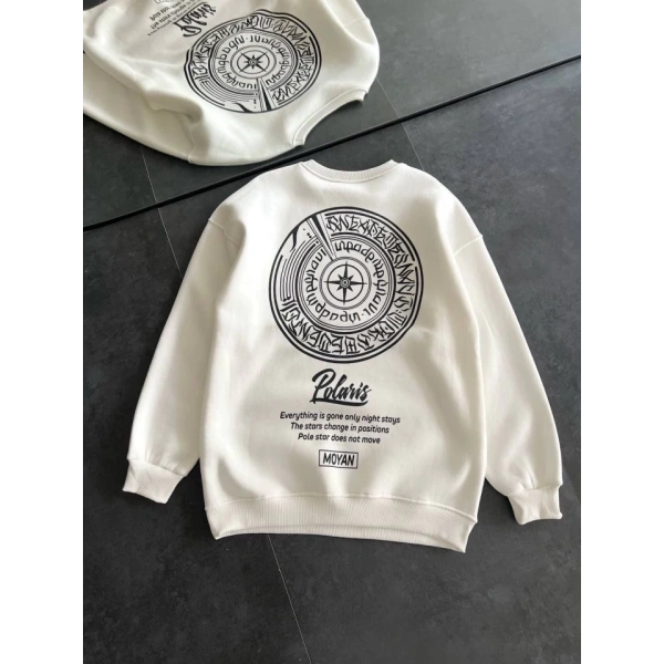 Biçomi Kışlık Bisiklet Yaka Ön Ve Arka Baskılı SweatShirt - Beyaz
