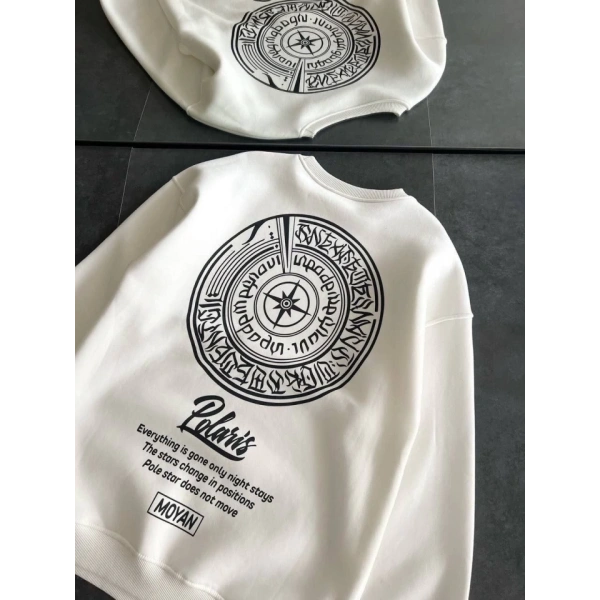 Biçomi Kışlık Bisiklet Yaka Ön Ve Arka Baskılı SweatShirt - Beyaz