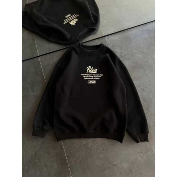 Biçomi Kışlık Bisiklet Yaka Ön Ve Arka Baskılı SweatShirt - Siyah