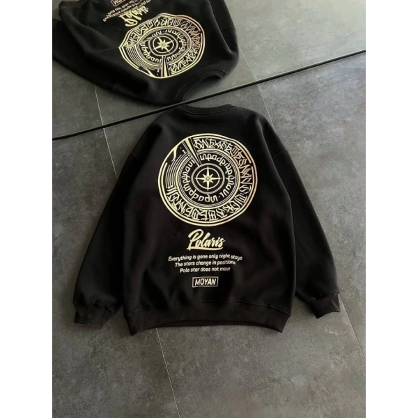 Biçomi Kışlık Bisiklet Yaka Ön Ve Arka Baskılı SweatShirt - Siyah