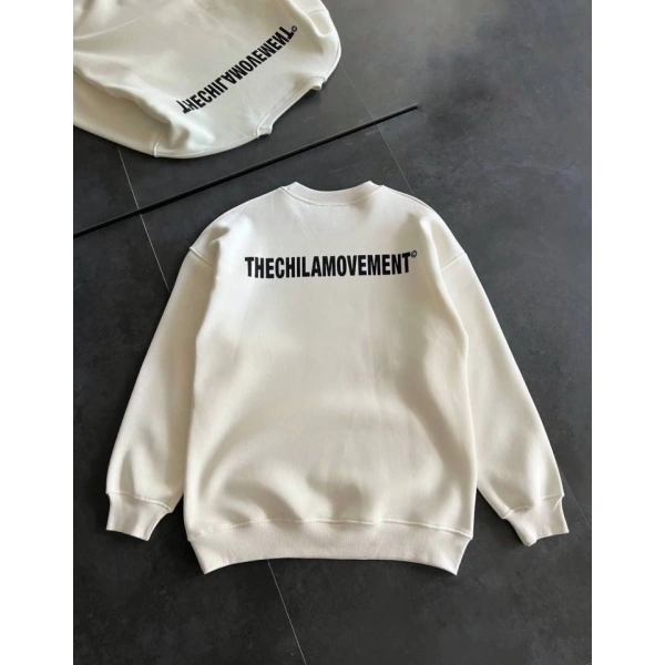 Biçomi Kışlık Bisiklet Yaka Oversize Baskılı SweatShirt - Beyaz