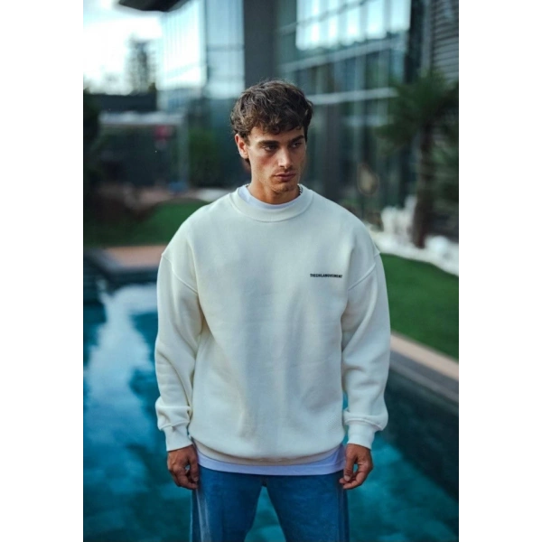 Biçomi Kışlık Bisiklet Yaka Oversize Baskılı SweatShirt - Beyaz