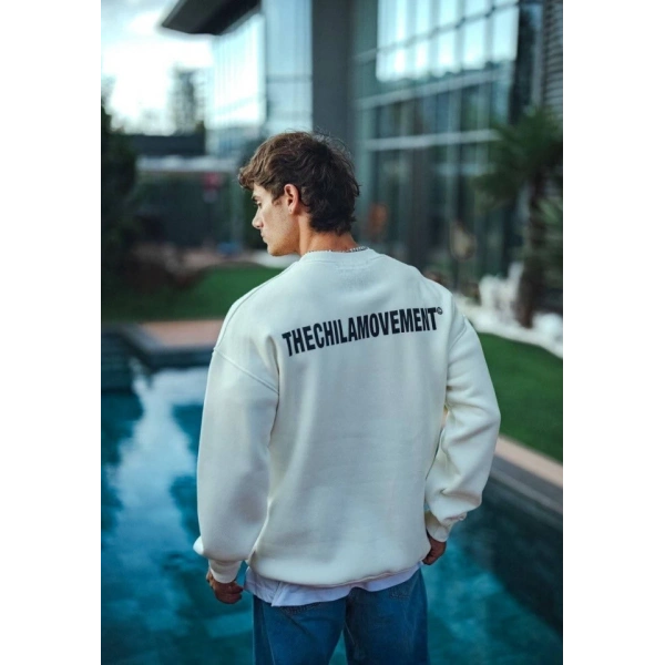 Biçomi Kışlık Bisiklet Yaka Oversize Baskılı SweatShirt - Beyaz