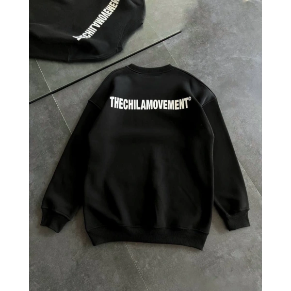 Biçomi Kışlık Bisiklet Yaka Oversize Baskılı SweatShirt - Siyah
