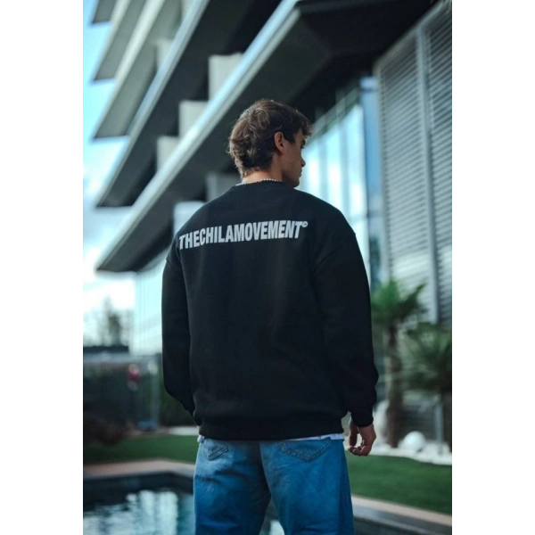 Biçomi Kışlık Bisiklet Yaka Oversize Baskılı SweatShirt - Siyah