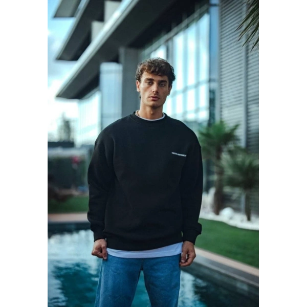 Biçomi Kışlık Bisiklet Yaka Oversize Baskılı SweatShirt - Siyah