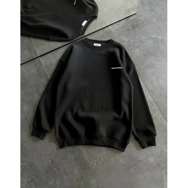 Biçomi Kışlık Bisiklet Yaka Oversize Baskılı SweatShirt - Siyah