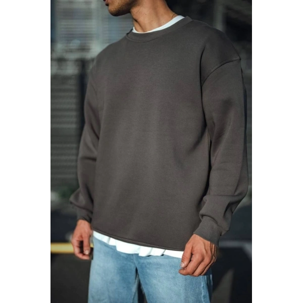 Biçomi Kışlık Bisiklet Yaka Üç İplik Basic SweatShirt - Antrasit