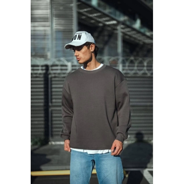 Biçomi Kışlık Bisiklet Yaka Üç İplik Basic SweatShirt - Antrasit