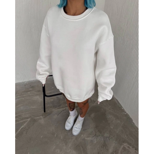 Biçomi Kışlık Bisiklet Yaka Üç İplik Basic SweatShirt - Beyaz