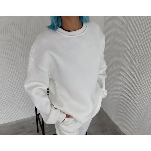 Biçomi Kışlık Bisiklet Yaka Üç İplik Basic SweatShirt - Beyaz