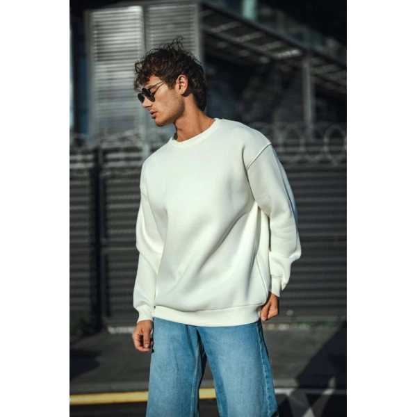 Biçomi Kışlık Bisiklet Yaka Üç İplik Basic SweatShirt - Beyaz