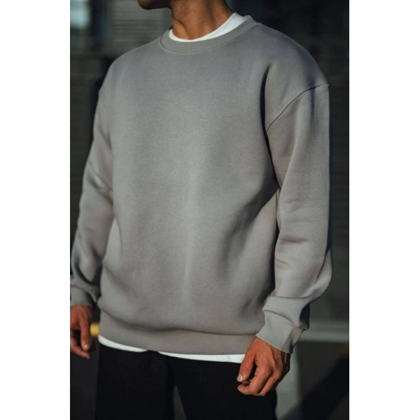 Biçomi Kışlık Bisiklet Yaka Üç İplik Basic SweatShirt - Boyalı Gri
