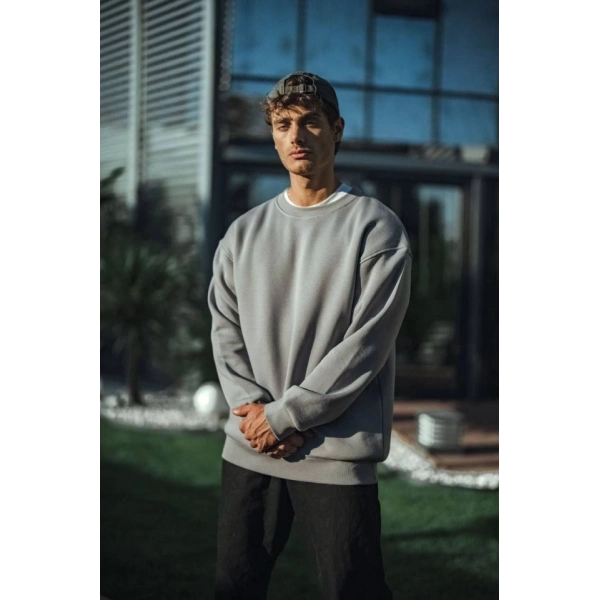 Biçomi Kışlık Bisiklet Yaka Üç İplik Basic SweatShirt - Boyalı Gri