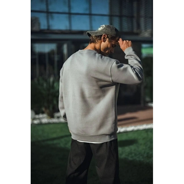 Biçomi Kışlık Bisiklet Yaka Üç İplik Basic SweatShirt - Boyalı Gri