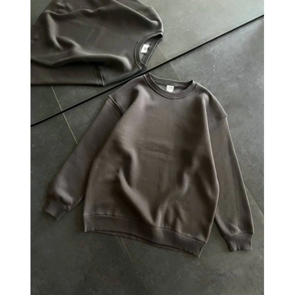 Biçomi Kışlık Bisiklet Yaka Üç İplik Basic SweatShirt - Füme