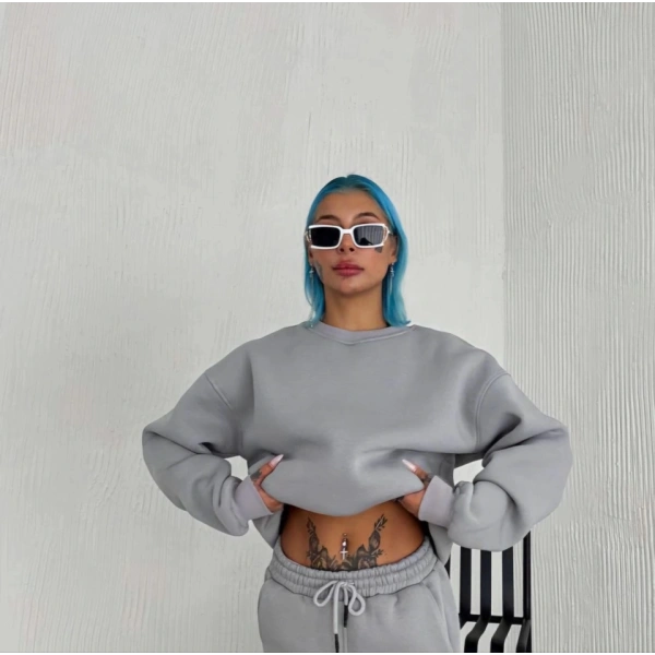 Biçomi Kışlık Bisiklet Yaka Üç İplik Basic SweatShirt - Gri