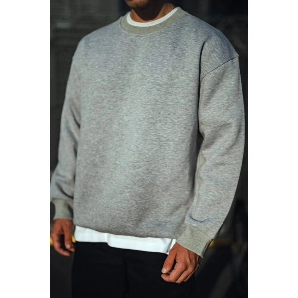 Biçomi Kışlık Bisiklet Yaka Üç İplik Basic SweatShirt - Gri