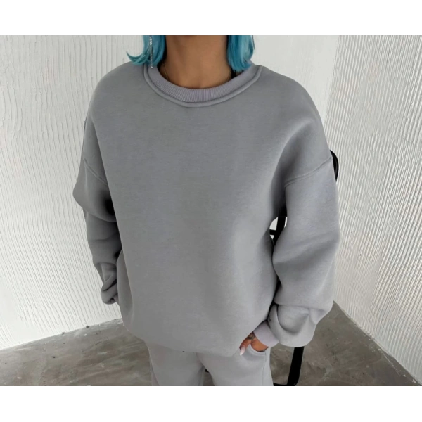 Biçomi Kışlık Bisiklet Yaka Üç İplik Basic SweatShirt - Gri