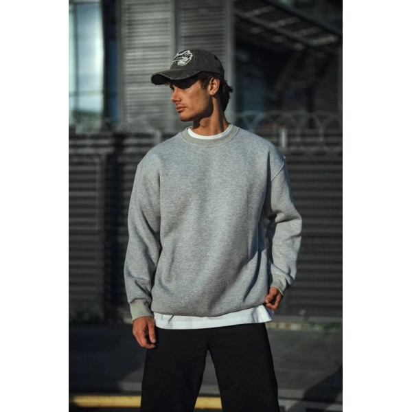 Biçomi Kışlık Bisiklet Yaka Üç İplik Basic SweatShirt - Gri