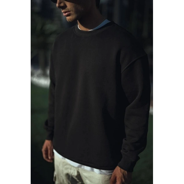 Biçomi Kışlık Bisiklet Yaka Üç İplik Basic SweatShirt - Siyah