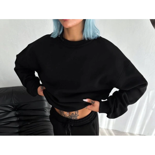 Biçomi Kışlık Bisiklet Yaka Üç İplik Basic SweatShirt - Siyah
