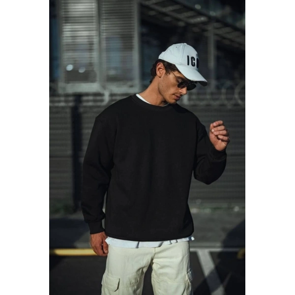 Biçomi Kışlık Bisiklet Yaka Üç İplik Basic SweatShirt - Siyah
