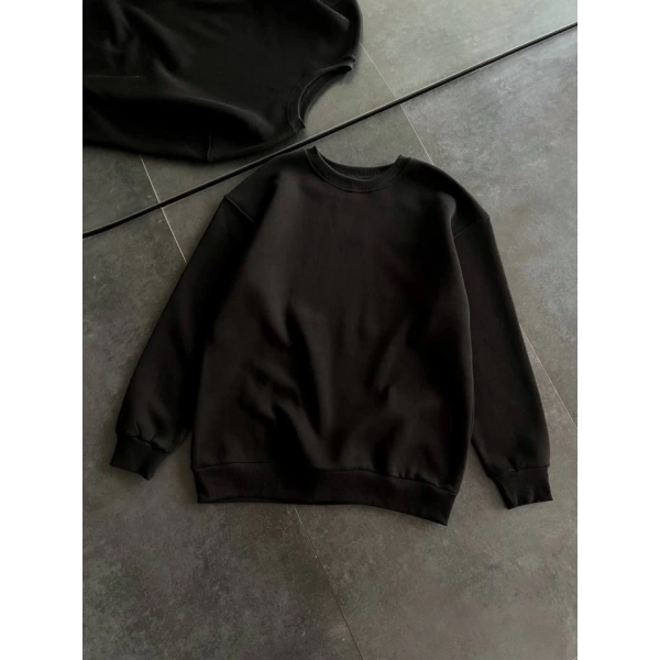 Biçomi Kışlık Bisiklet Yaka Üç İplik Basic SweatShirt - Siyah