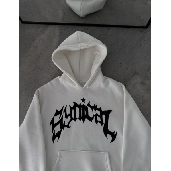 Biçomi Kışlık Kapşonlu Baskılı Oversize SweatShirt- Beyaz