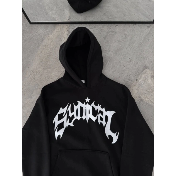 Biçomi Kışlık Kapşonlu Baskılı Oversize SweatShirt- Siyah