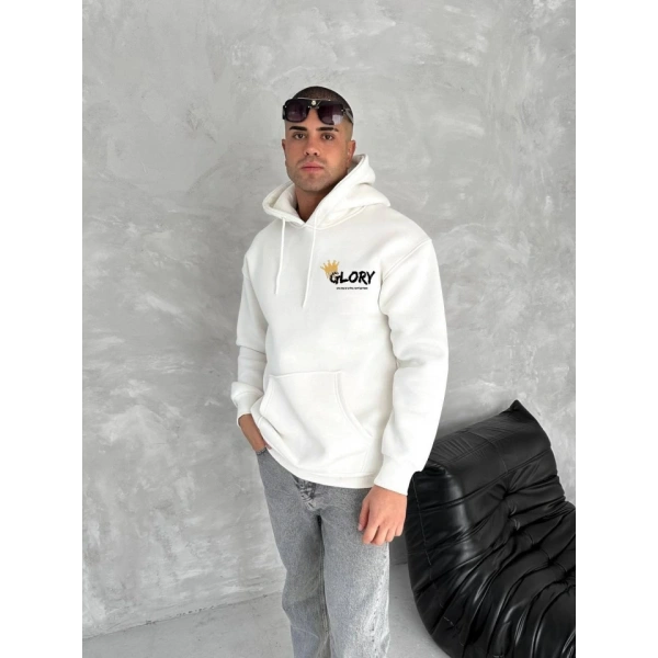 Biçomi Kışlık Üç İplik Kapşonlu SweatShirt - Beyaz