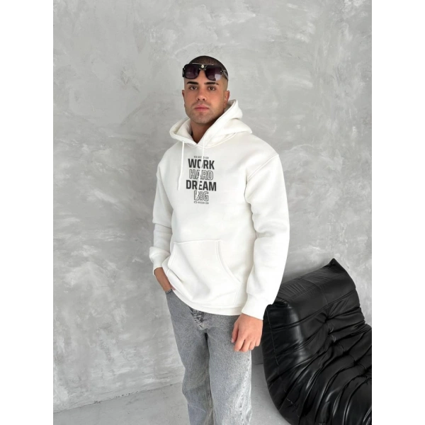 Biçomi Kışlık Üç İplik Kapşonlu SweatShirt - Beyaz