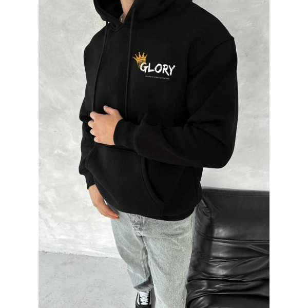 Biçomi Kışlık Üç İplik Kapşonlu SweatShirt - Siyah