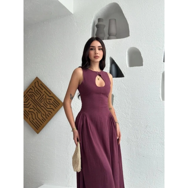 Biçomi Kolsuz Uzun Kabardin Elbise - Bordo