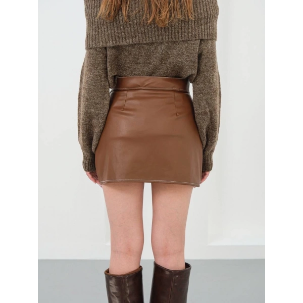 BİÇOMİ Kontrast deri etek kahve w260015