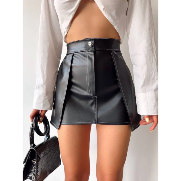 BİÇOMİ Kontrast deri etek siyah w260015