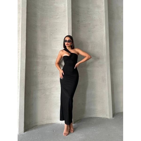 BİÇOMİ Krinkıl tek omuz uzun elbise siyah s25455