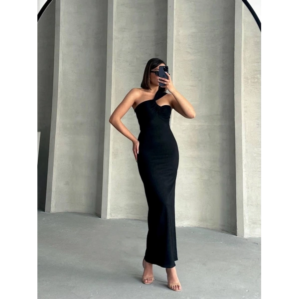BİÇOMİ Krinkıl tek omuz uzun elbise siyah s25455