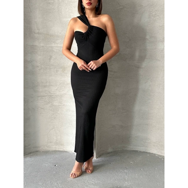 BİÇOMİ Krinkıl tek omuz uzun elbise siyah s25455