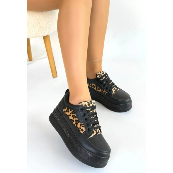 BİÇOMİ Lorrin Siyah Cilt Leopar Detaylı Bağcıklı Spor Ayakkabı