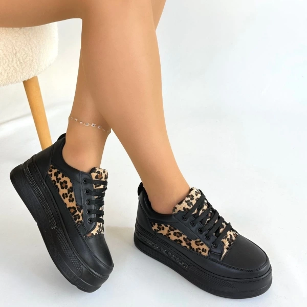 BİÇOMİ Lorrin Siyah Cilt Leopar Detaylı Bağcıklı Spor Ayakkabı