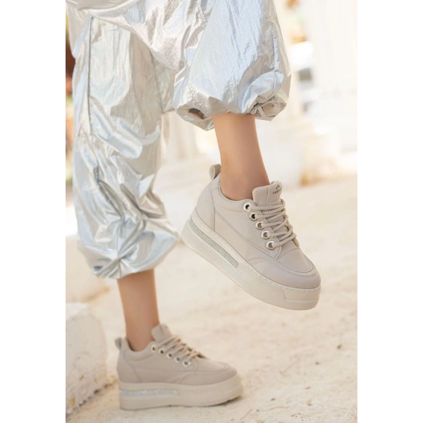 BİÇOMİ Lulu Bej Cilt Bağcıklı Spor Ayakkabı