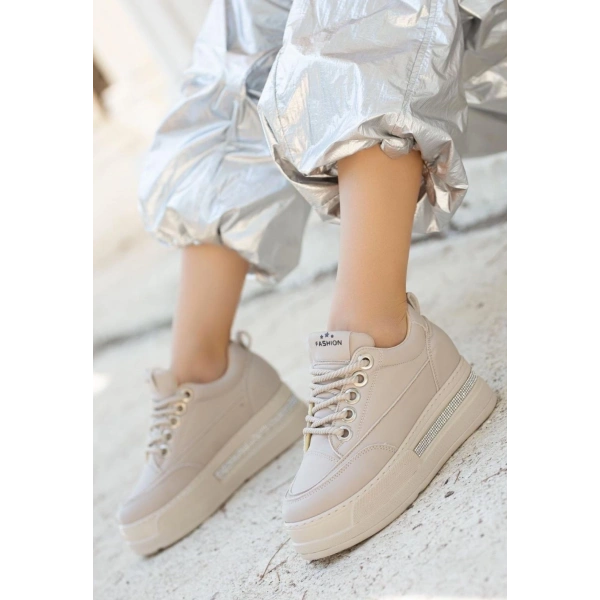 BİÇOMİ Lulu Bej Cilt Bağcıklı Spor Ayakkabı