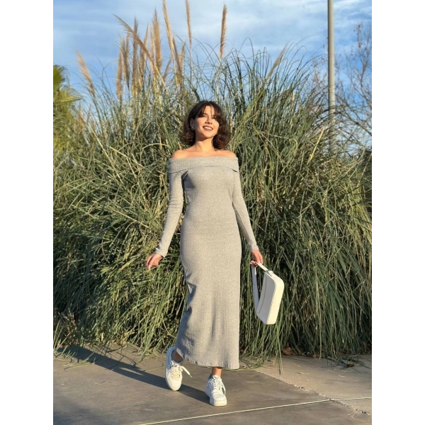 BİÇOMİ Madonna yaka uzun elbise şardonlu kumaş gri w3753